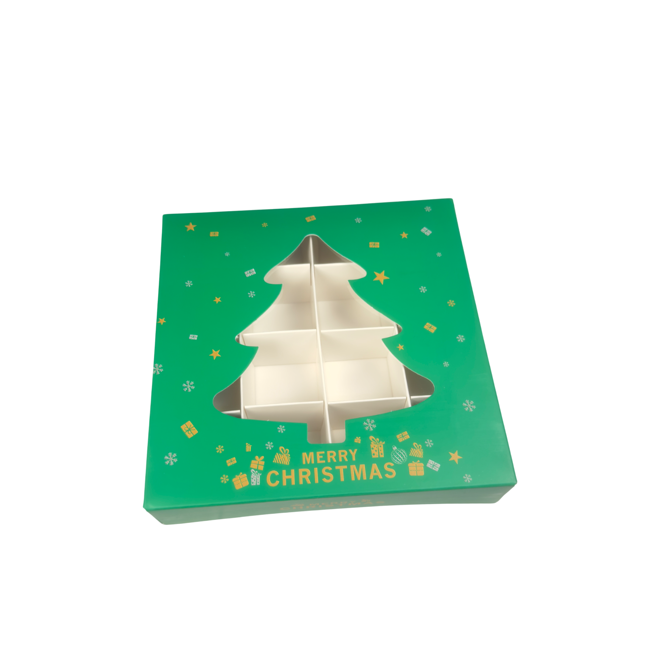 Green Christmas Tree Window Shape Box With Inserts – 15x15x3.5cm