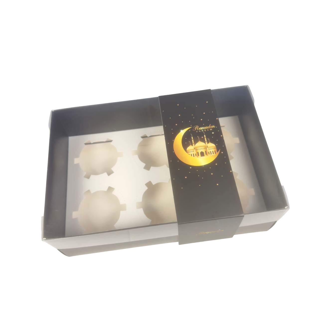 Clear Lid Deep/Cupcake Box With Ramadan Kareem Sleeve - 24 x 16 x 8 cm