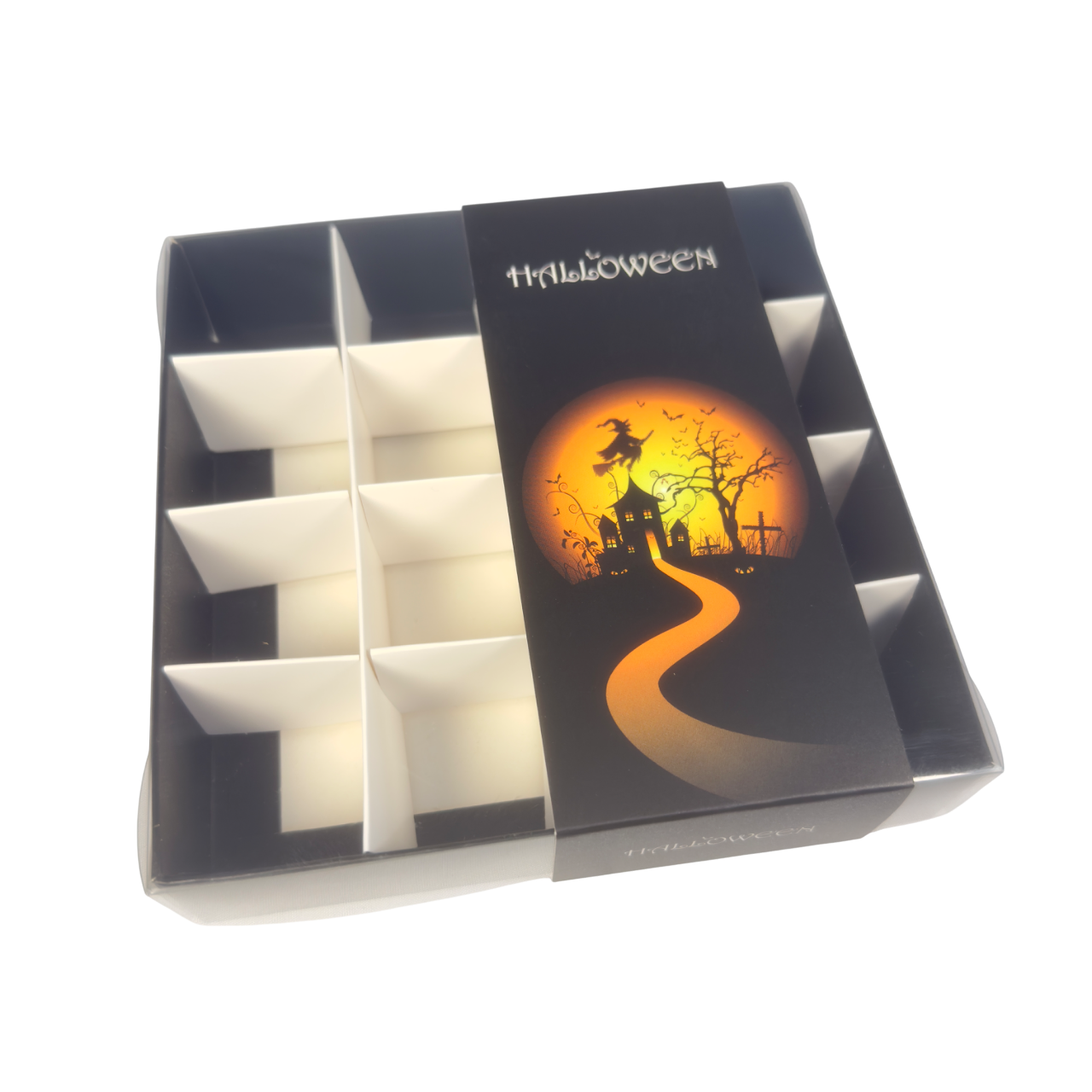 Clear Lid Box With Black Halloween sleeve - 15x15x3.5cm