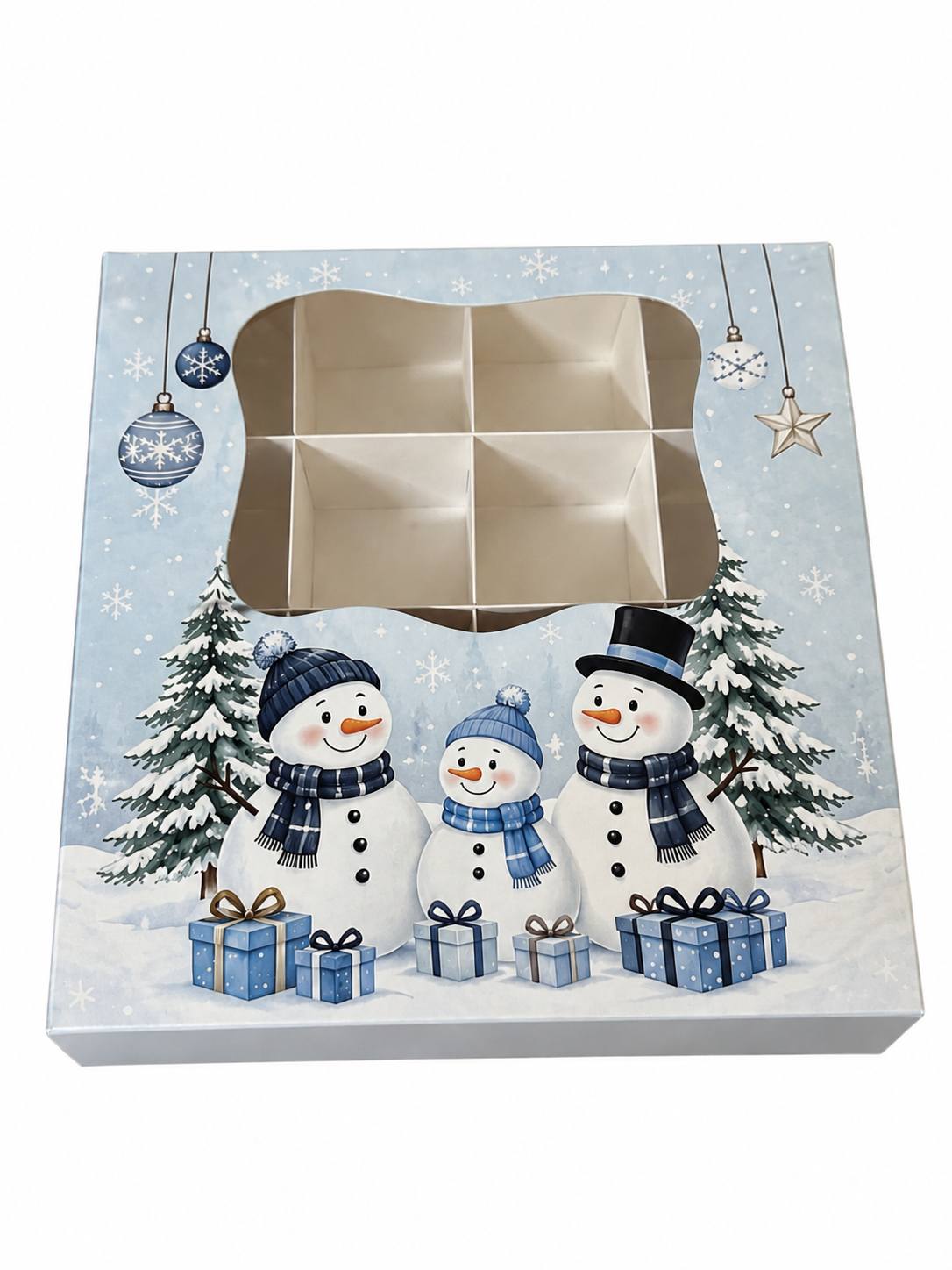 Blue Christmas Snowman Window Treat Box with Inserts – 15x15x3.5cm