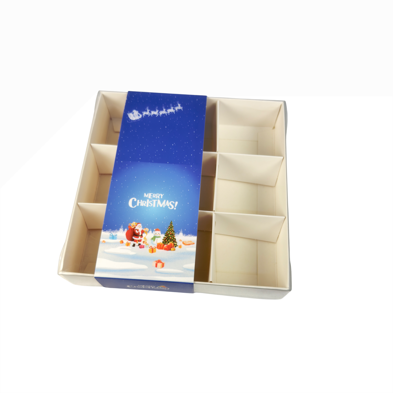 Clear Lid Box With Blue Santa & Snowman Christmas sleeve - 15 x 15 x 3.5cm