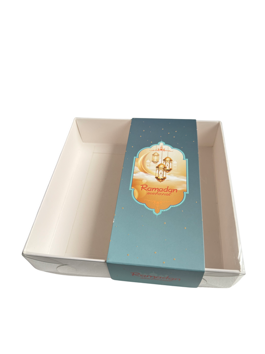 Clear Lid Box With Blue Ramadan Kareem Sleeve - 15 x 15 x 3.5cm