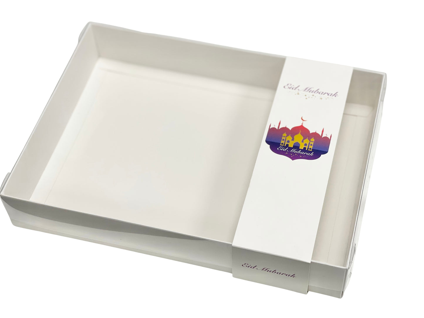 Clear Lid White Biscuit/Doughnut Box with Eid Mubarak Sleeve and Optional 6-Grid Insert – 30 x 22 x 5cm