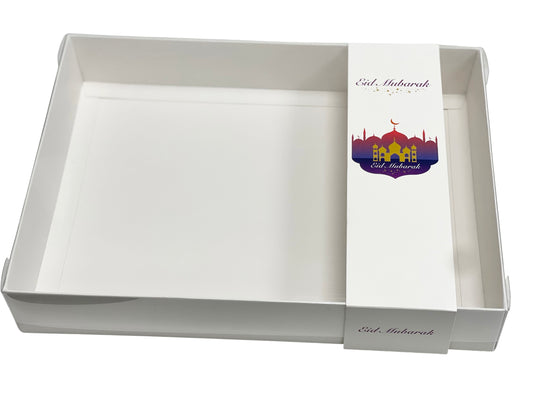 Clear Lid White Biscuit/Doughnut Box with Eid Mubarak Sleeve and Optional 6-Grid Insert – 30 x 22 x 5cm