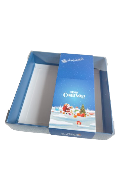 Clear Lid Box With Blue Santa & Snowman Christmas sleeve - 15 x 15 x 3.5cm