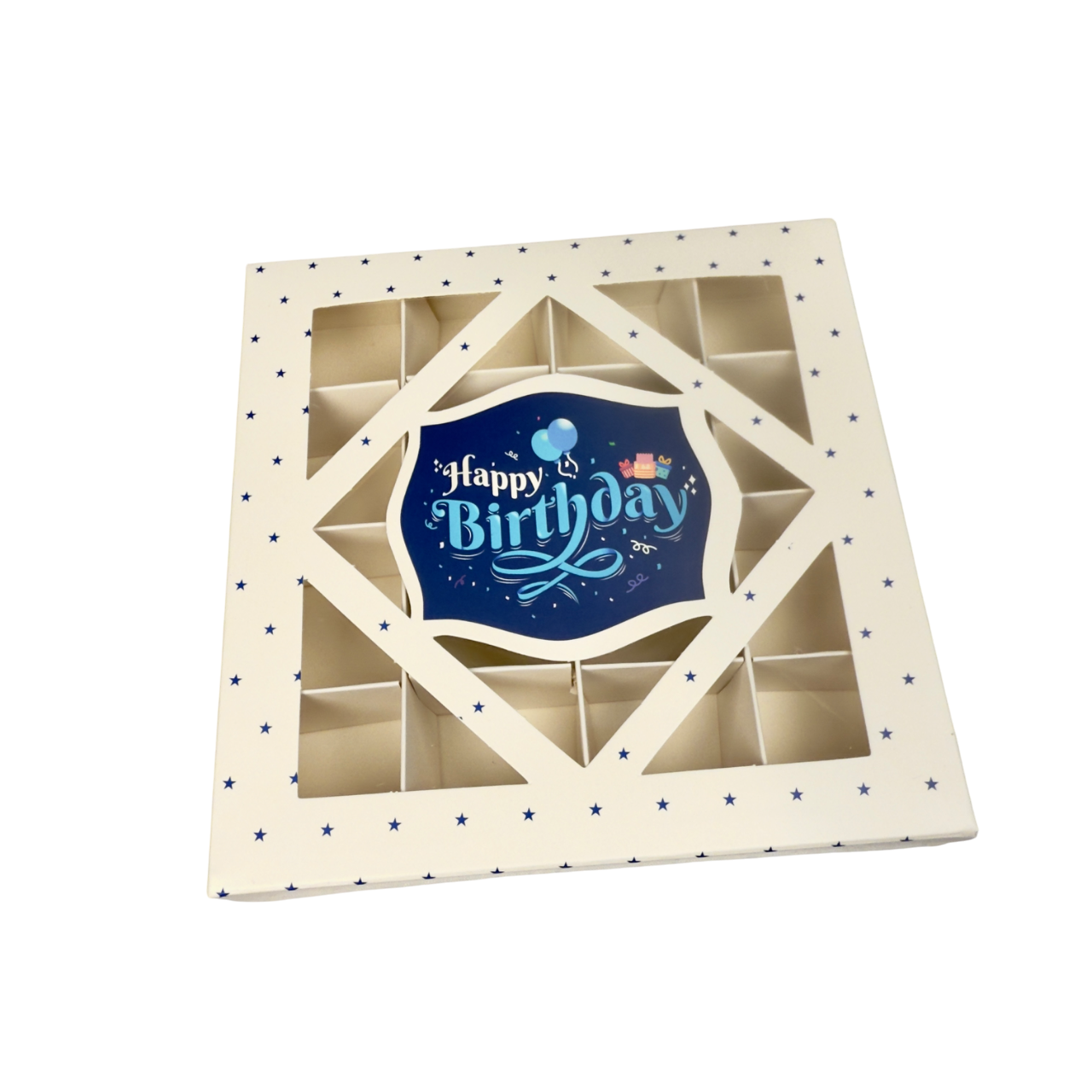 Empty Happy Birthday White & Blue Window Boxes - 15x15x3.5cm