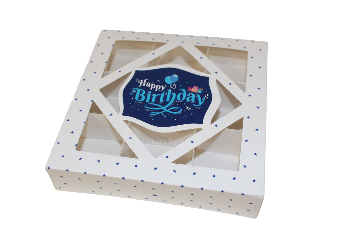 Empty Happy Birthday White & Blue Window Boxes - 15x15x3.5cm