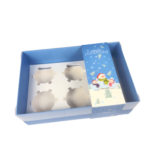 Clear Lid Cupcake/Hamper Box With Blue Christmas Sleeve - 24 x 16 x 8 cm