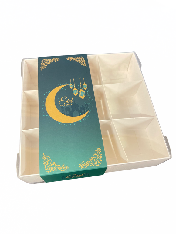 Clear Lid White box with Green Eid Mubarak sleeve - 15 x 15 x 3.5cm