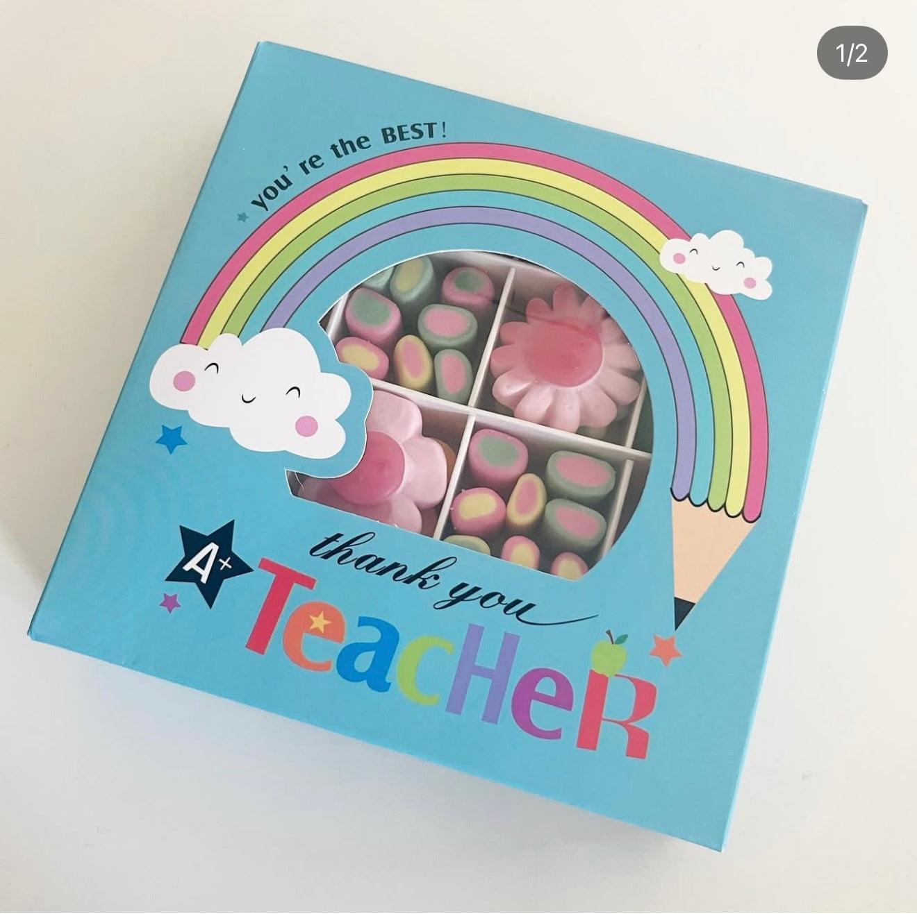 Baby Blue Rainbow Thank You Teacher Section Box With Window - 15x15x3.5cm