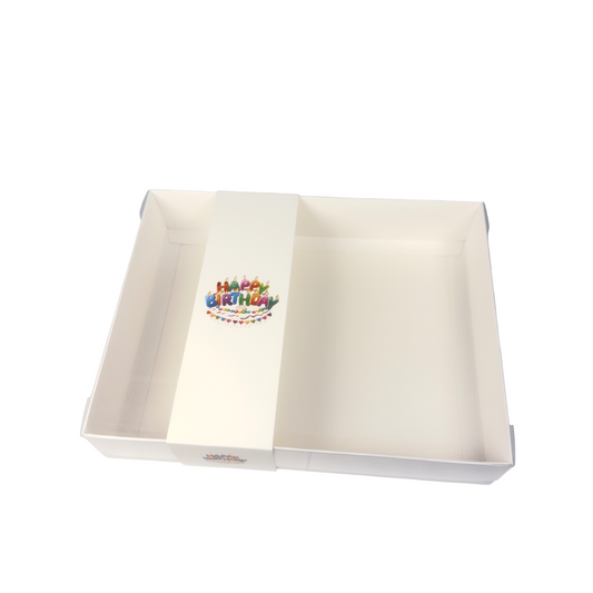 Clear lid White box with Happy Birthday sleeve - 26 x 20 x 5cm