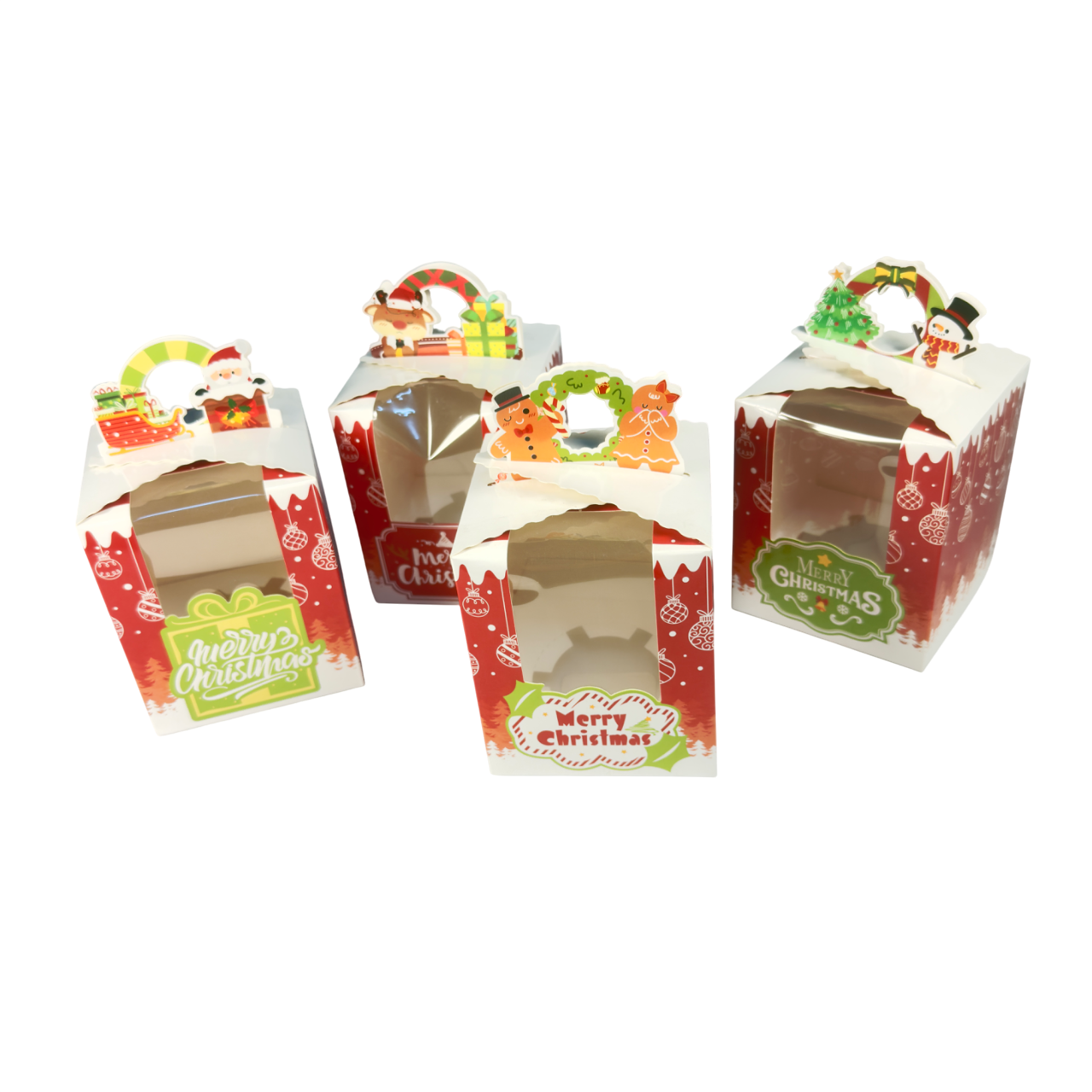 Christmas Themed One Hold Cupcake Box with Handle – Pack of 10
