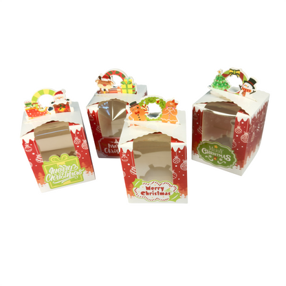 Christmas Themed One Hold Cupcake Box with Handle – Pack of 10