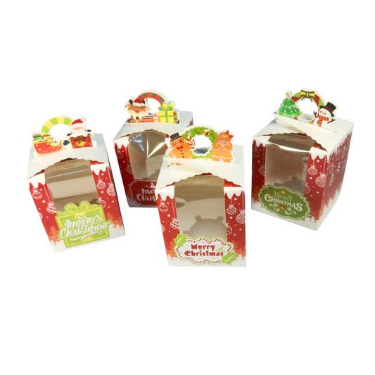 Christmas Themed One Hold Cupcake Box with Handle – Pack of 10