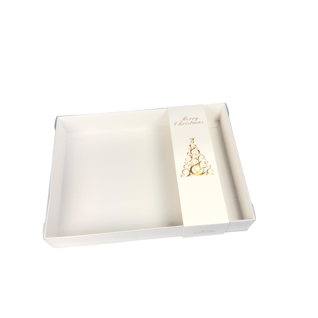 Clear lid White box with Christmas Tree sleeve - 26 x 20 x 5cm
