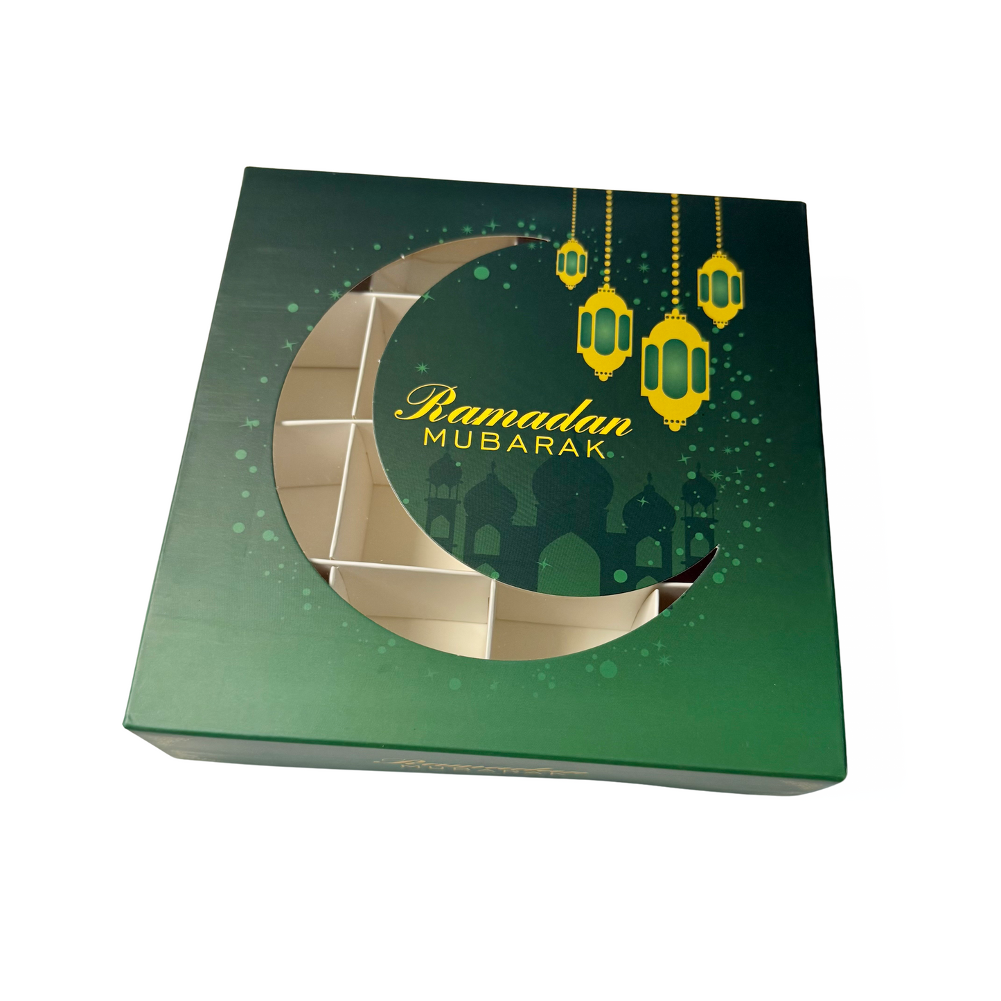 Green Ramadan Mubarak Moon Window Boxes - 15x15x3.5cm