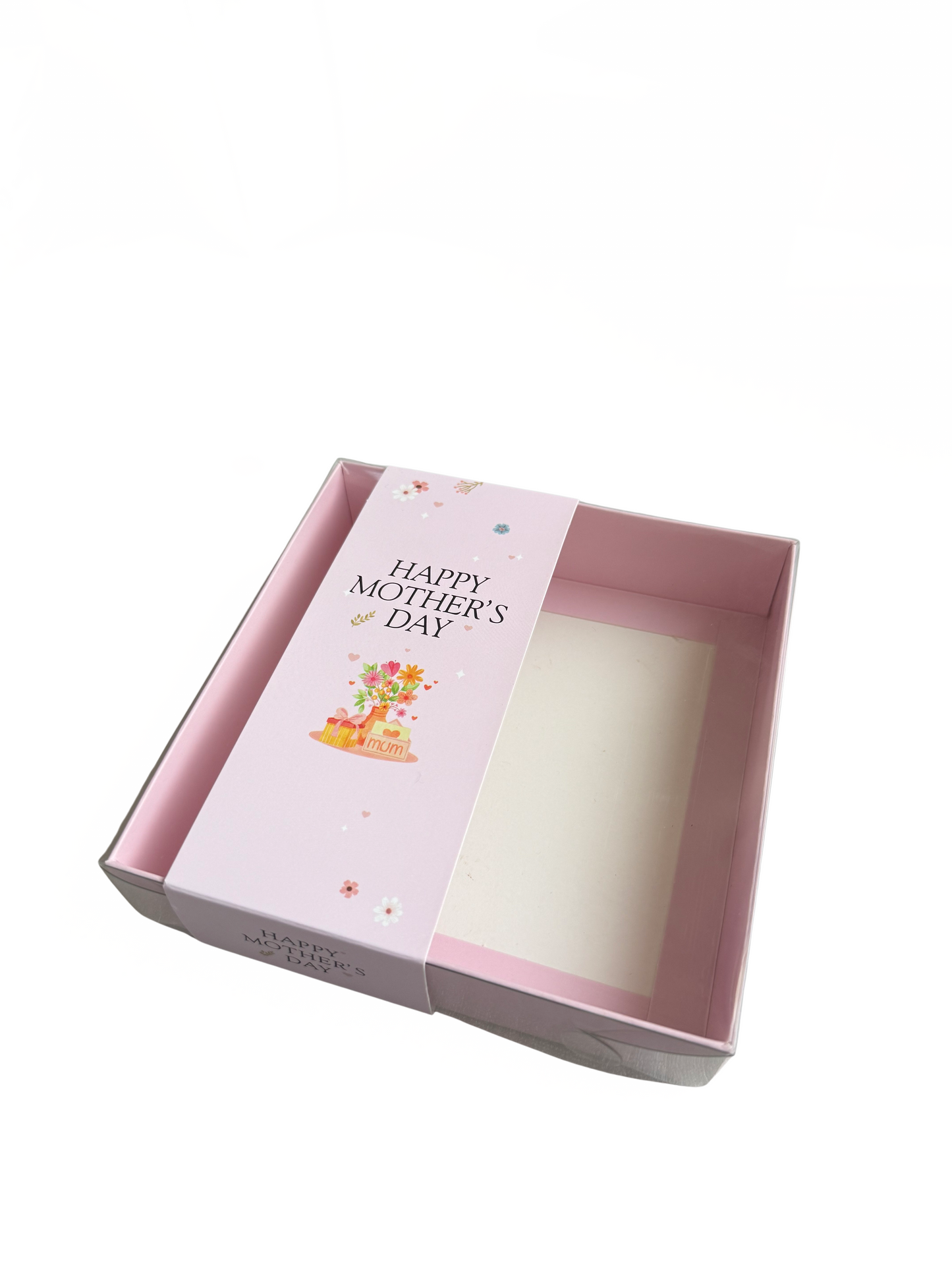 Clear Lid Box With Pink Flower Bouquet Happy Mothers Day Sleeve - 15 x 15 x 3.5cm