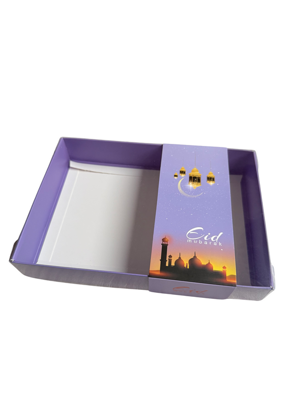 Clear Lid Box With Purple Eid Mubarak sleeve - 20 x 14 x 3.5cm