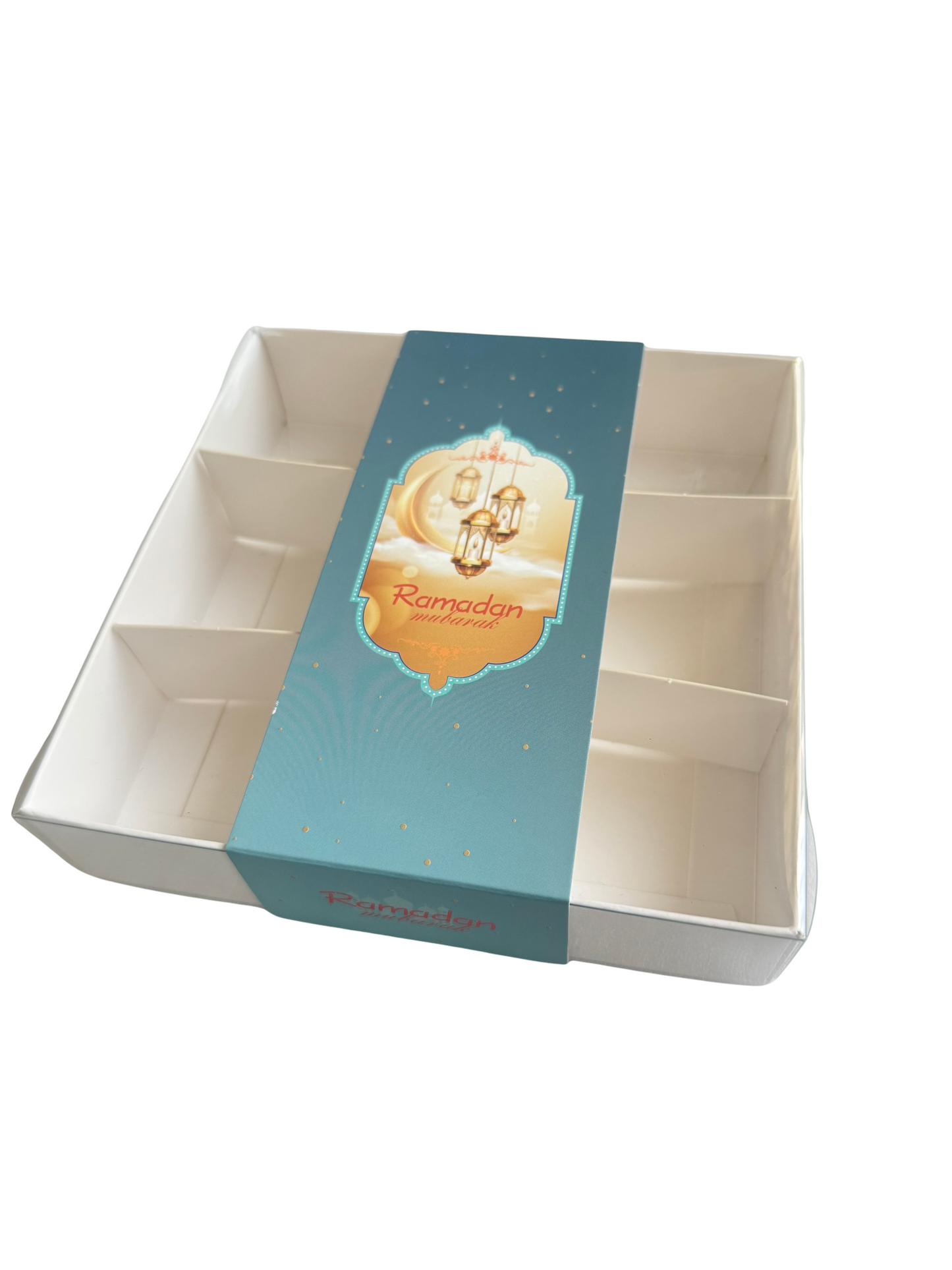 Clear Lid Box With Blue Ramadan Kareem Sleeve - 15 x 15 x 3.5cm