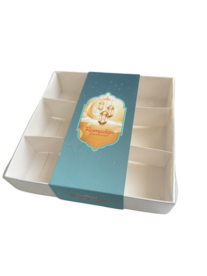 Clear Lid Box With Blue Ramadan Kareem Sleeve - 15 x 15 x 3.5cm