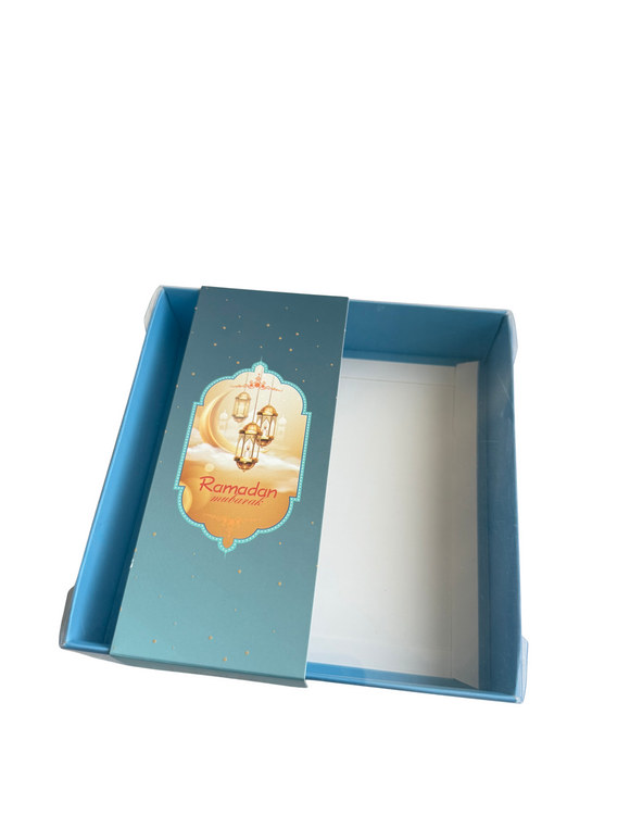 Clear Lid Box With Blue Ramadan Kareem Sleeve - 15 x 15 x 3.5cm