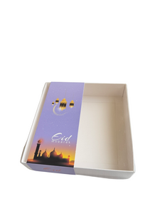 Clear Lid White box with Purple Eid Mubarak sleeve - 15 x 15 x 3.5cm