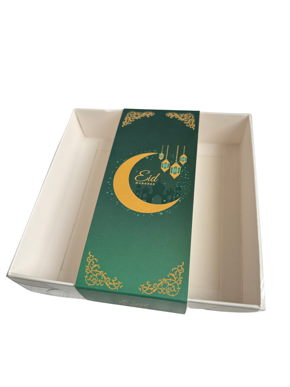 Clear Lid White box with Green Eid Mubarak sleeve - 15 x 15 x 3.5cm