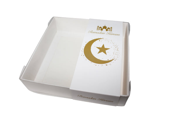 Clear lid White box with Ramadan Kareem sleeve - 15 x 15 x 3.5cm