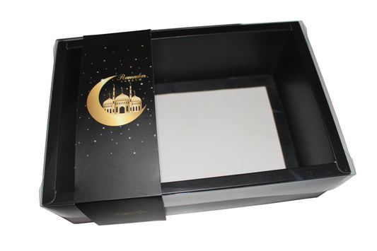 Clear Lid Deep Border Box With Black Ramadan Kareem Sleeve  - 24 x 16 x 8 cm