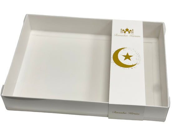 Clear lid White box with Ramadan Kareem sleeve - 26 x 20 x 5cm