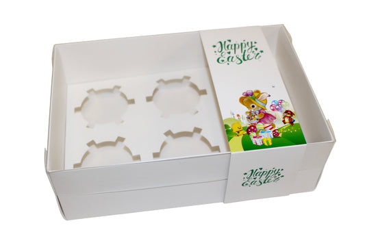 Clear lid white cupcake box with Happy Easter sleeve - 24 x 16 x 8 cm