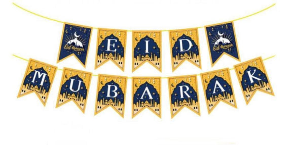 Eid Mubarak Bunting Decorations - Blue & Bronze