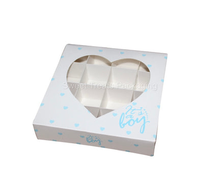 Empty heart window ‘ it’s a boy ‘ boxes with inserts - 15x15x3.5cm