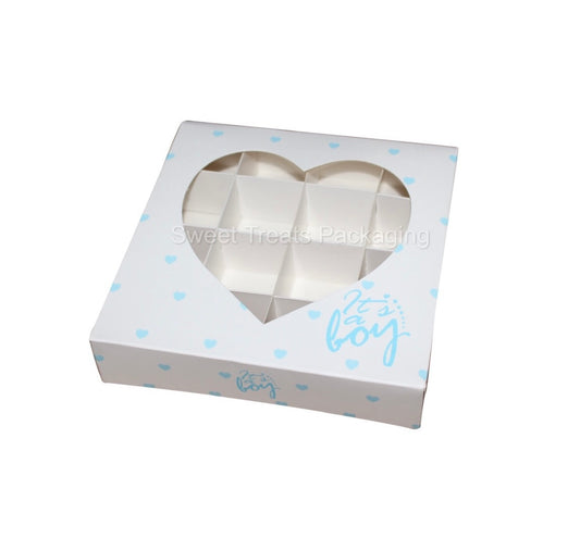 Empty heart window ‘ it’s a boy ‘ boxes with inserts - 15x15x3.5cm