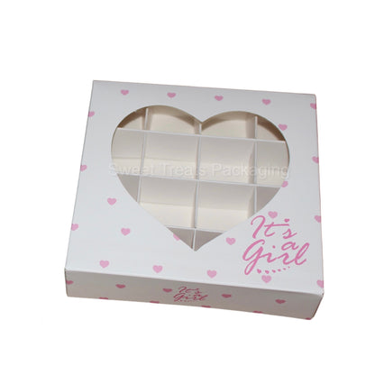 Empty heart window ‘ it’s a girl ‘ boxes with inserts - 15x15x3.5cm