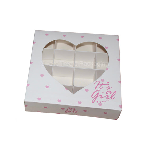 Empty heart window ‘ it’s a girl ‘ boxes with inserts - 15x15x3.5cm