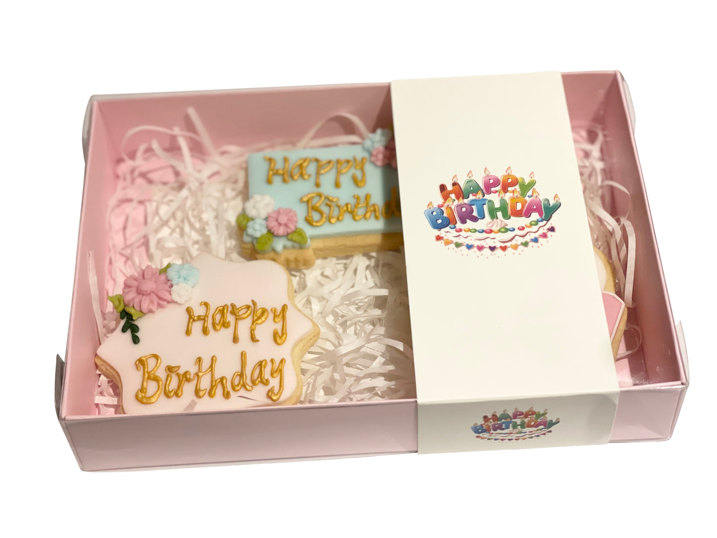 Clear lid Pink box with Happy Birthday sleeve - 20 x 14 x 3.5cm