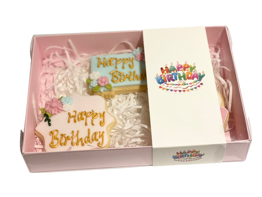 Clear lid Pink box with Happy Birthday sleeve - 20 x 14 x 3.5cm