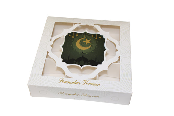 White & Green Ramadan Mubarak Window Boxes with inserts - 15x15x3.5cm