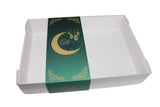 Clear Lid Box With Green Eid Mubarak sleeve - 20 x 14 x 3.5cm