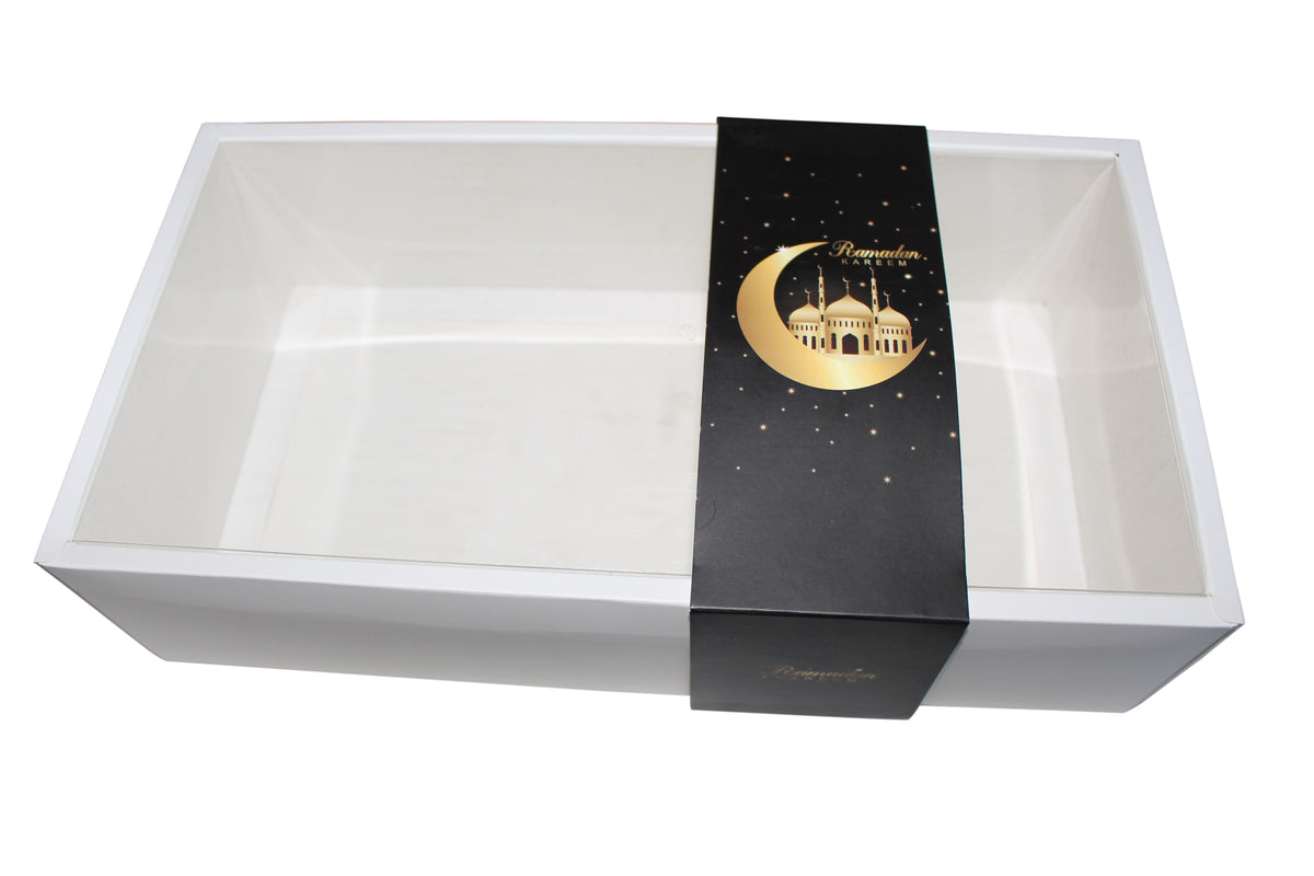 Border Box Ramdhan Clear Lid White Border Boxes With Black Ramadan Kareem Sleeve - 30x16x ...