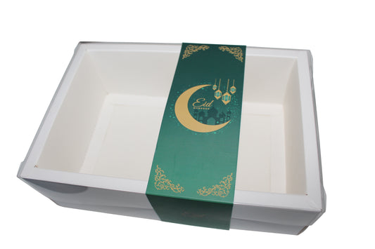 Clear Lid Deep Hamper Border Box With Green Eid Mubarak Sleeve  - 24 x 16 x 8 cm