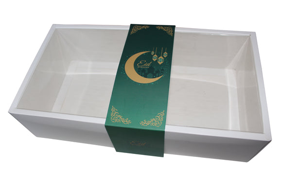 Clear Lid White Border Boxes With Green Eid Mubarak Sleeve - 30x16x8cm