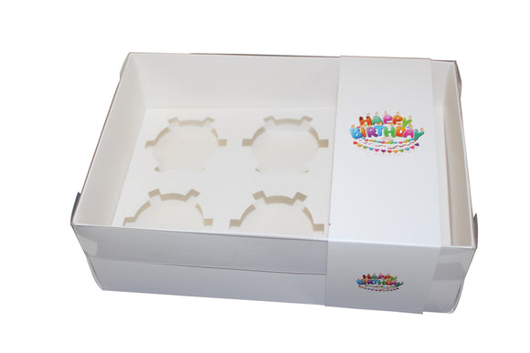 Clear lid White Border box with Happy Birthday sleeve - 24 x 16 x 8 cm