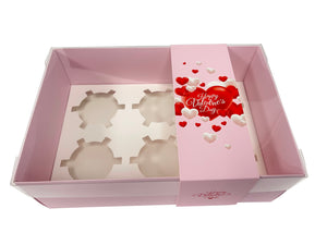 Clear Lid Deep/Cupcake Box With Pink Happy Valentines Sleeve - 24 x 16 x 8 cm