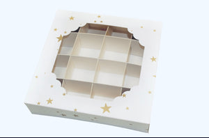 Empty white with gold stars box with window - 15x15x3.5cm