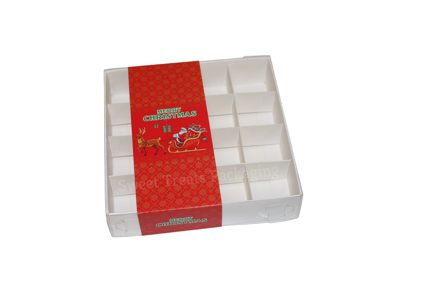 Clear Lid Box with Red Christmas Sleeve - 15 x 15 x 3.5cm